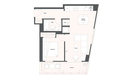 Floor plan for 1 bed, 1 bath, 586 sqft